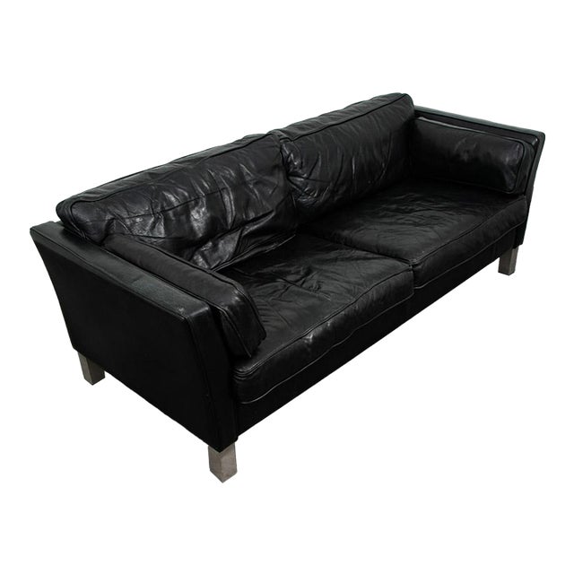 Mid Century Danish Modern Sofa Couch 2 Seat Leather Black Settee Metal Chrome Nm For Sale