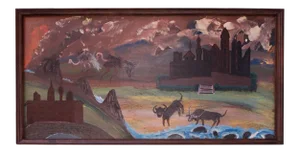 Outsider Art "Animals and Castles" Oil on Panel by Bruno Del Favero