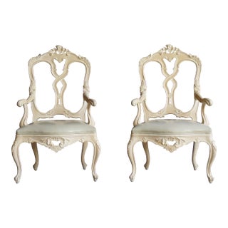 French Rococo Style Carved Oak Splat Back Dining Arm Chairs For Sale