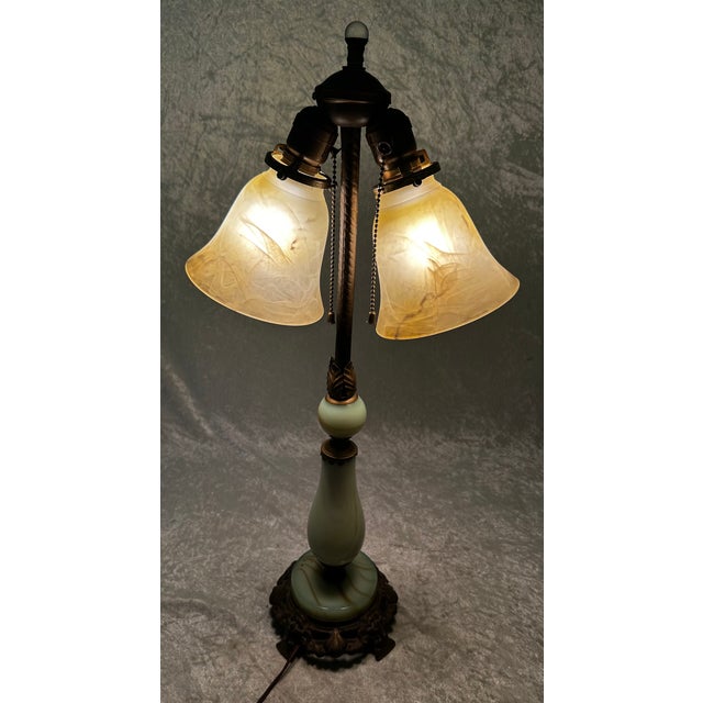 Art Deco Early 20th Century Uranium Jadeite Table Lamp Alabaster Shades For Sale - Image 3 of 18