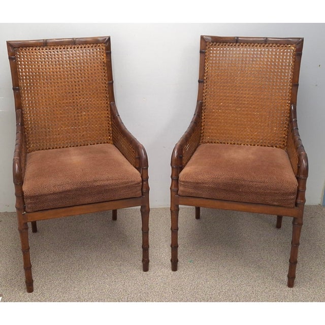 Palecek Hollywood Regency Style Double Cane Upholstered Armchairs For Sale - Image 13 of 18