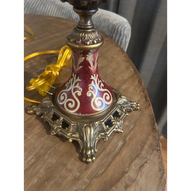 Red Pristine Mid 20th Century Japanese Moriage Porcelain & Brass Tall Lamps For Sale - Image 8 of 13