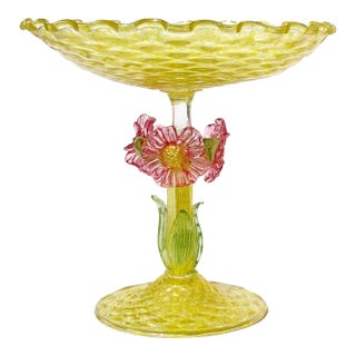 Venetian Murano Antique Yellow Gold Flecks Pink Flowers Italian Art Glass Quilted Diamond Surface Footed Bowl For Sale