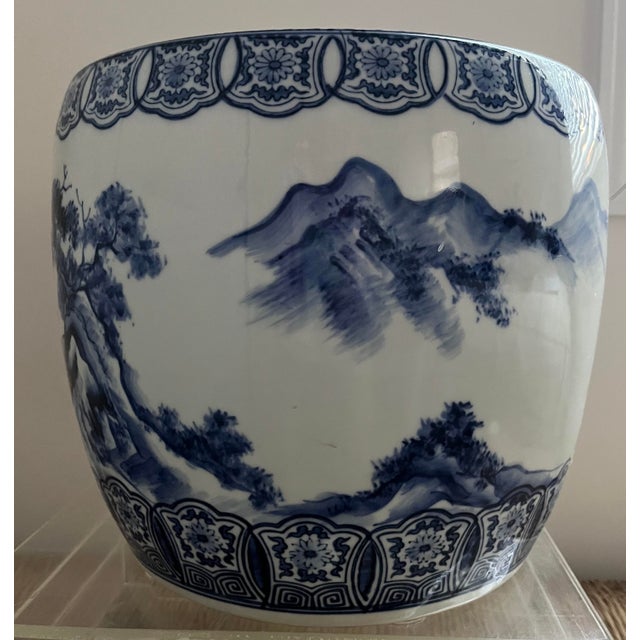 Japanese Antique Blue and White Porcelain Hibachi (Charcoal Brazier) Circa 1880-1905 For Sale - Image 3 of 15