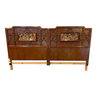 Vintage Chinoiserie Style Solid Wood Frame King Headboard For Sale