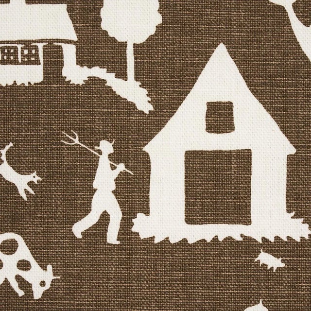 Mid-Century Modern Sample - Schumacher Farm Scene Fabric in Brown For Sale - Image 3 of 5