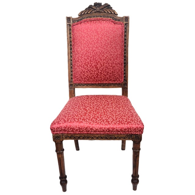 Pair Antique French Louis XVI Carved Walnut Upholstered Side Chairs For Sale - Image 4 of 14
