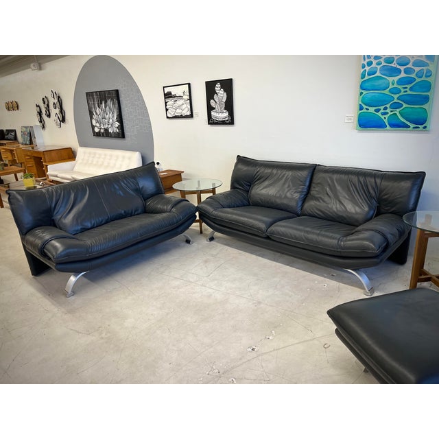 Nicoletti Salotti Italian Dark Gray/Black Leather Three Piece Set (Couch, Love Seat, Chair + Ottoman). Measurements for...