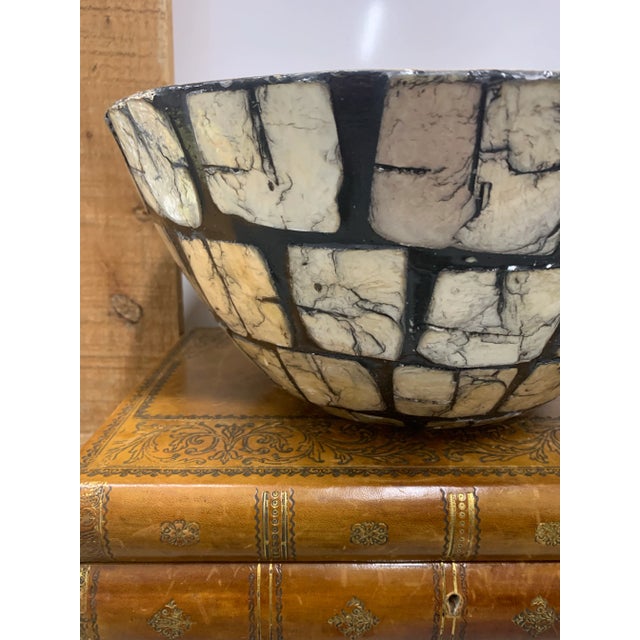 Contemporary 1980’s Vintage Bamboo Bowl With Black Lacquer & Capiz Shell Exterior For Sale - Image 3 of 9