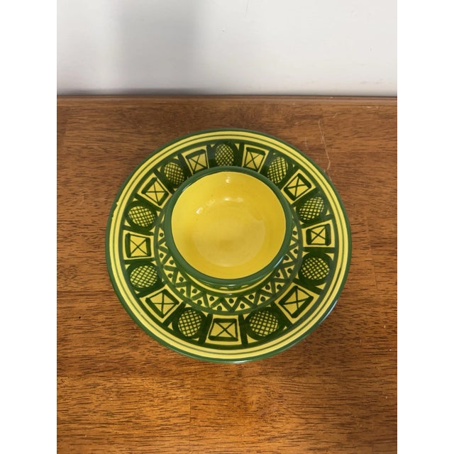 Vintage hand-painted Mexican pottery 2-piece chip and dip serving set featuring vibrant yellow and green geometric...