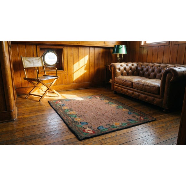 1920s Mauve Abstract Floral Antique American Hooked Rug 2'6" X 3'9" Handknotted Wool Carpet For Sale In New York - Image 6 of 7