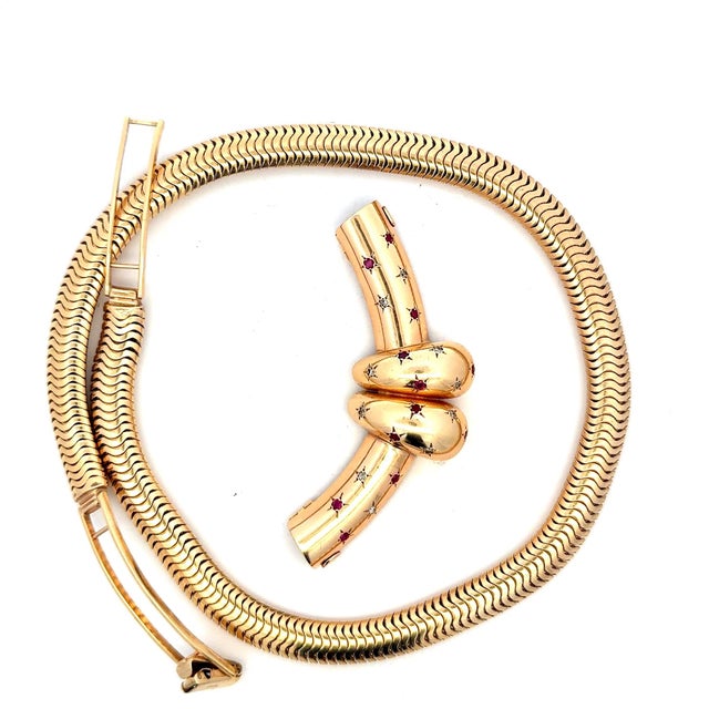Gold 1940s Retro 14k Gold Ruby & Diamond Convertible Snake Necklace For Sale - Image 8 of 16