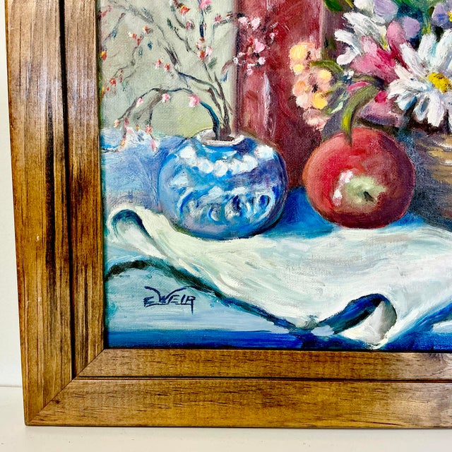 Wood 1960s Original Oil Painting Impressionist Red Bottle & Flora Still Life by Edith Weir For Sale - Image 7 of 13