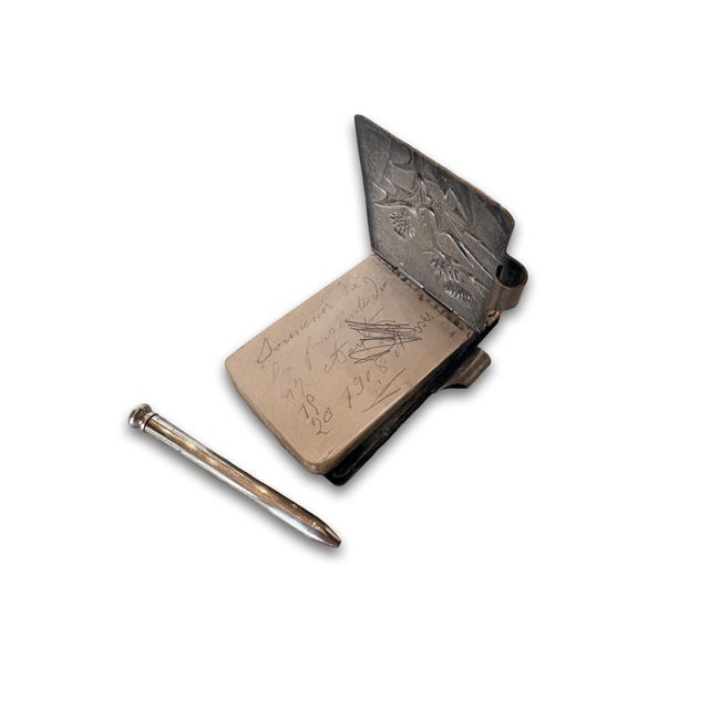 1920s Antique French Silver-Tone Carnet De Notes With Original Pencil, Thistle and Floral Relief For Sale - Image 5 of 11