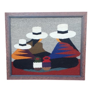 Vintage 1960s Framed Ecuadorian Folk Art Weaving of Women in Hats For Sale