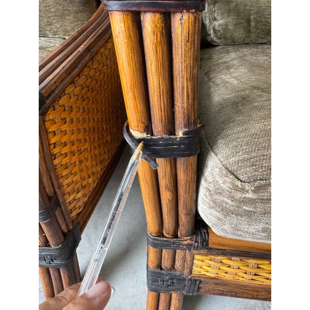 SOLDModern Mandalay Coastal Organic Rattan and Leather Lounge Chairs With Ottoman – Set of 3 For Sale - Image 12 of 12