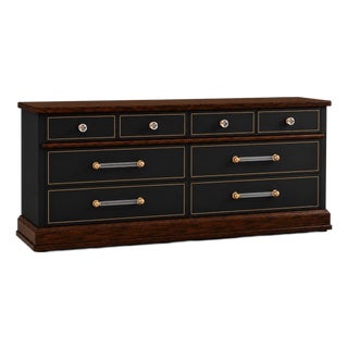 Old Chapel Noire™ | Restored 1960s American Dresser in Onyx Black, Satin Walnut & Gilded Detail With Beveled Mirror For Sale