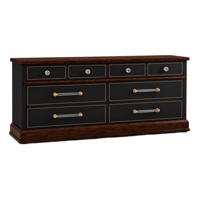 Old Chapel Noire™ | Restored 1960s American Dresser in Onyx Black, Satin Walnut & Gilded Detail With Beveled Mirror For Sale