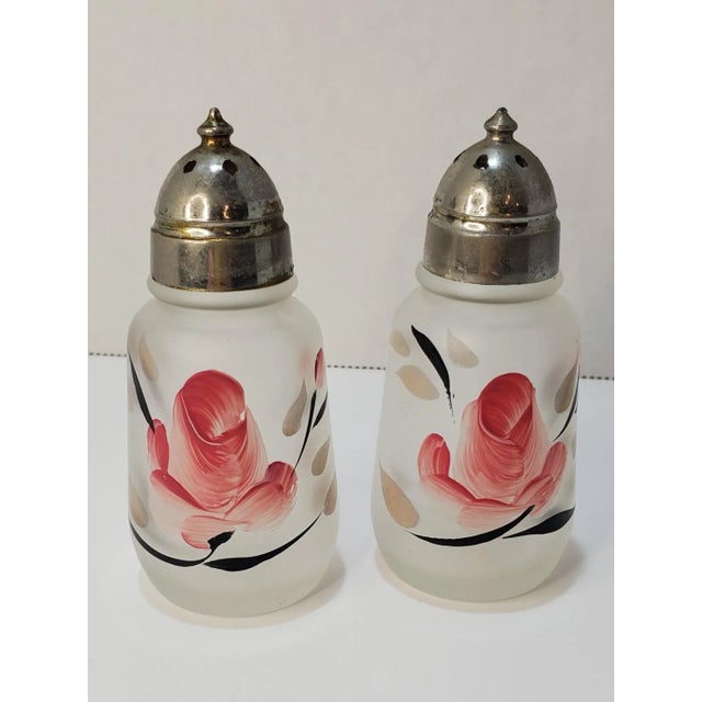Hazel-Atlas Boho Chic Hazel Atlas Satin Glass With Painted Floral Design Salt & Pepper Shakers For Sale - Image 4 of 9