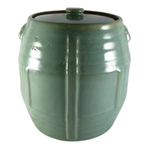 Mid Century American Stoneware Pottery Seacrest Seafoam Green Barrel Cookie Jar