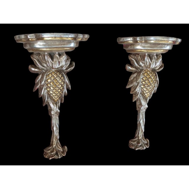 Hollywood Regency Vintage Silver and Gold Leafed Plaster Pineapple Decorative Wall Brackets- A Pair For Sale - Image 3 of 16