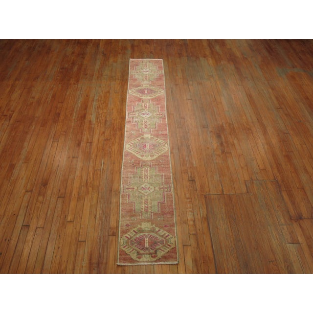 Pop Art Vintage Narrow Pink Turkish Oushak Runner - 1'6" x 9'11" For Sale - Image 3 of 8