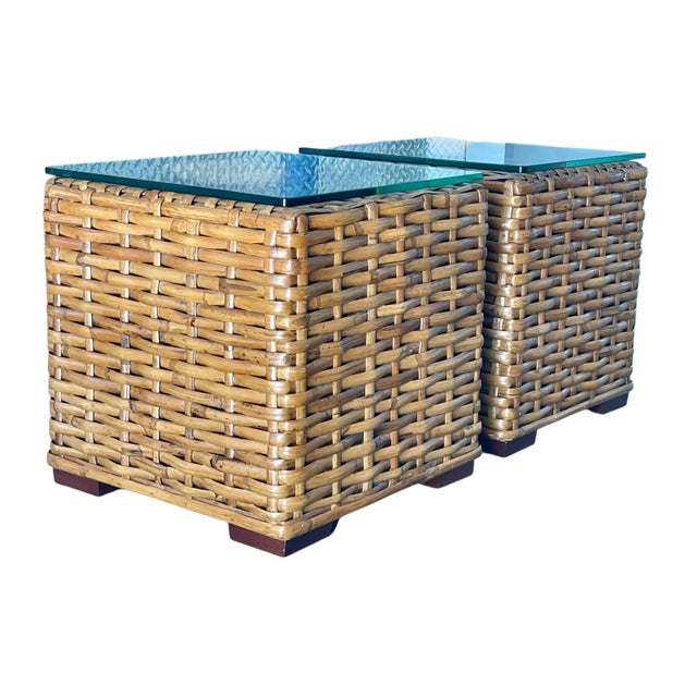 English Vintage British Colonial Rattan Cube End Tables, Architectural Form | Pair For Sale - Image 3 of 12