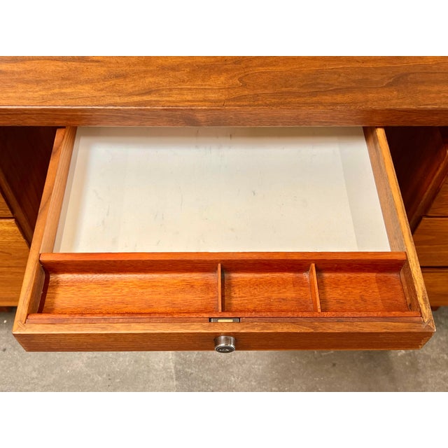 1960s Jens Risom 72” Executive Walnut Double Pedestal Desk W/Custon Center Drawer, Restored Top For Sale - Image 9 of 12