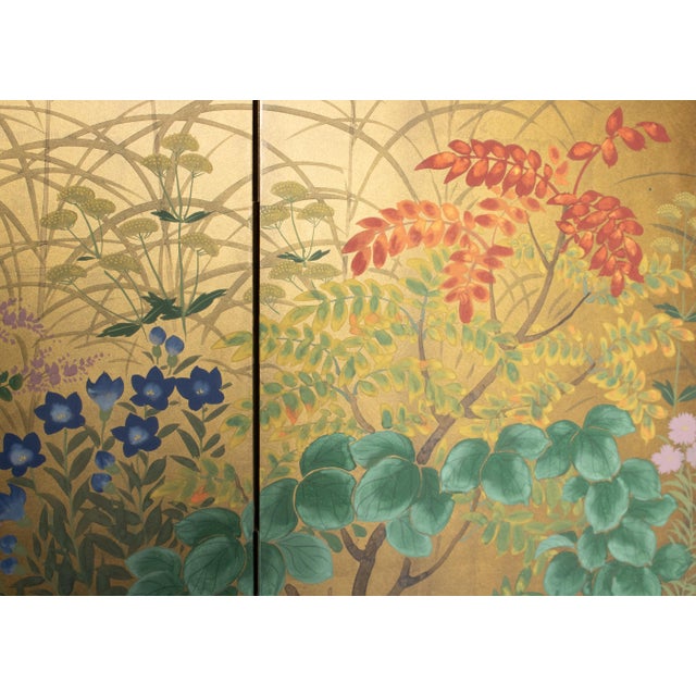 Wood "Seven Autumn Flowers" by Essen, Late Showa Era Japanese Byobu Screen For Sale - Image 7 of 18
