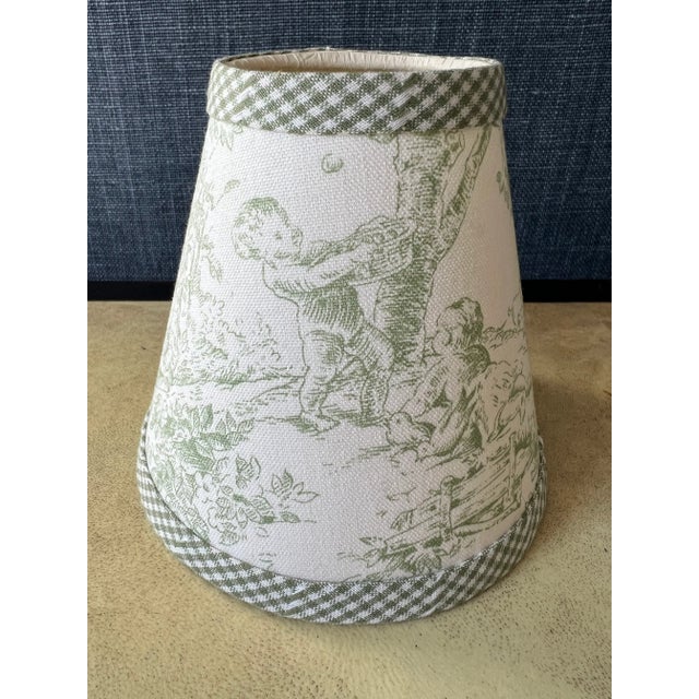 Set of 3 Green Toile Clip on Lamp Shades for Chandeliers or Sconces With Gingham Trim For Sale - Image 4 of 10