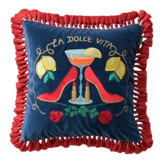 Mind the Gap La Dolce Vita Embroidered Velvet Cushion For Sale