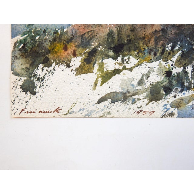 Small impressionist watercolor on paper of mountain landscape. Signed illegibly lower left corner, dated 1959. Unframed,...