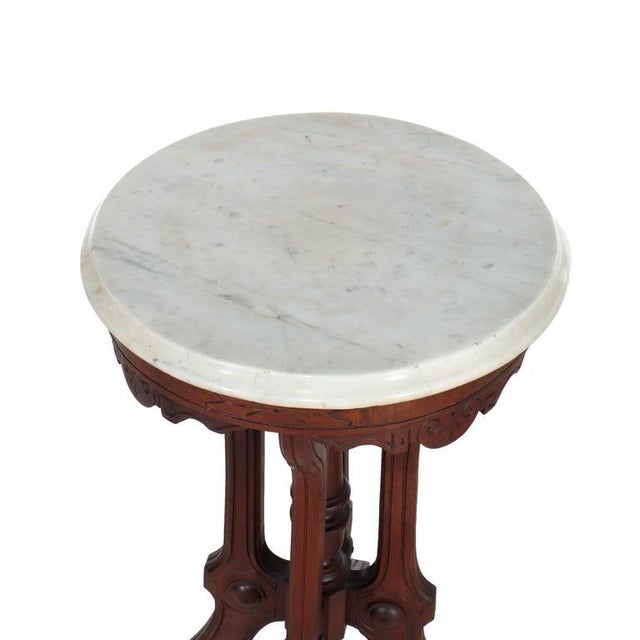 Antique Renaissance Revival Chip Carved Walnut Marble Top Stand C1890 For Sale - Image 6 of 11