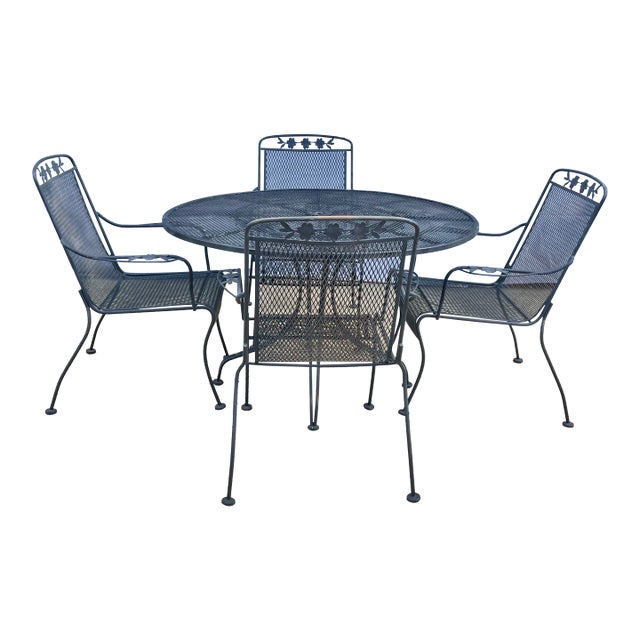 Dogwood Outdoor Patio Dining Set 4 Chairs 48" Pedestal Table Meadowcraft Attributed For Sale