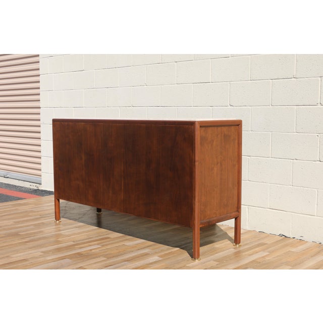 1970s Dunbar Mid-Century Modern Walnut Credenza / Sideboard With Travertine Top For Sale - Image 16 of 18