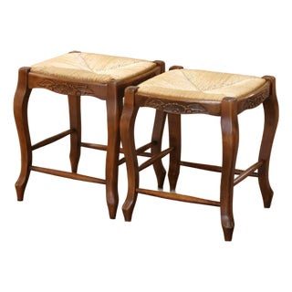Pair of French Louis XV Style Beech Stools With Rush Seats From Normandy For Sale