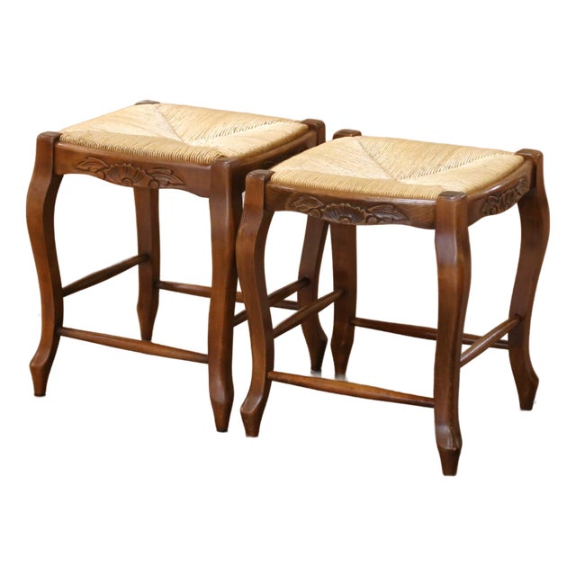 Pair of French Louis XV Style Beech Stools With Rush Seats From Normandy For Sale