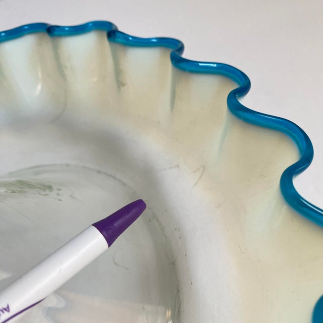 Victorian Epergne Blue Vaseline Glass Antique Ruffle Art Glass Vase For Sale - Image 11 of 12