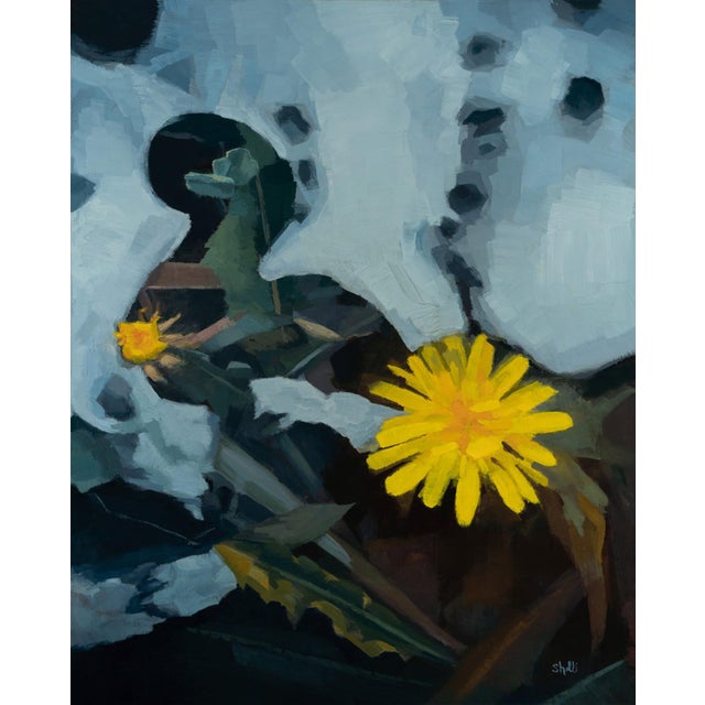 Love and Grief by Shelli Langdale | Oil on gallery panel Yellow dandelion among dark foliage. For Sale