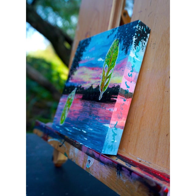 Surrender-Lake Davis, Florida by Amanda Seckington | Acrylic on panel Sunset over Lake Davis with leaves For Sale - Image 4 of 4