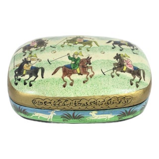 Vintage Hand Painted Kashmir Trinket Box With Horses Polo Gold Handmade in India, Papier Maché, Paper Mache For Sale