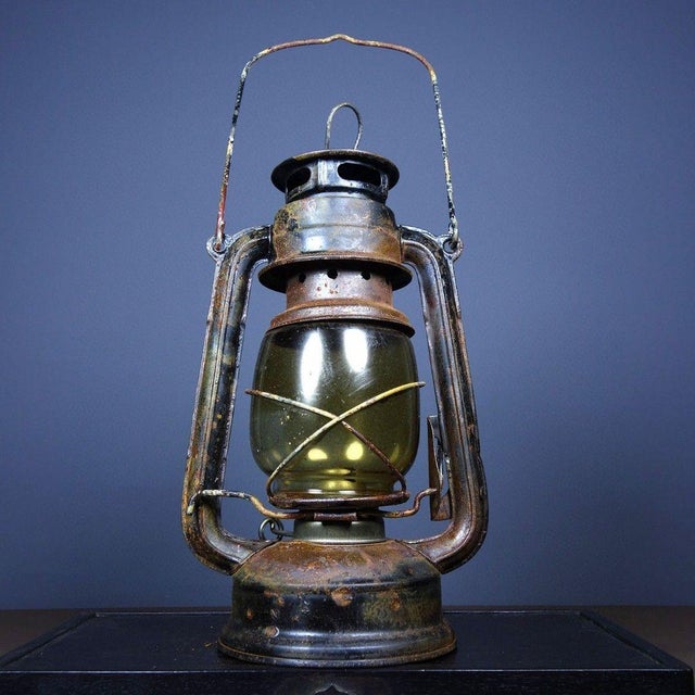 Vintage Rustic Industrial Kerosene Lantern With Green Glass Globe For Sale - Image 9 of 9