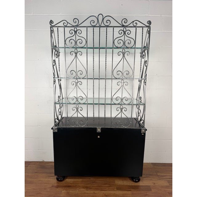 Brown Maitland Smith Neoclassical Leather Wrapped Base Ornate Ironwork Baker’s Rack For Sale - Image 8 of 12