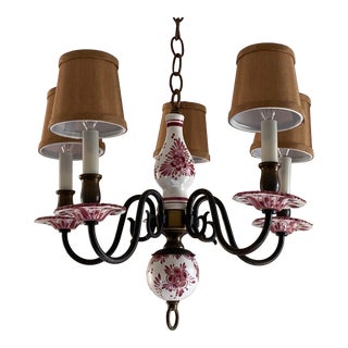 Vintage Mid 20th Century Red Delft 5 Light Chandelier For Sale