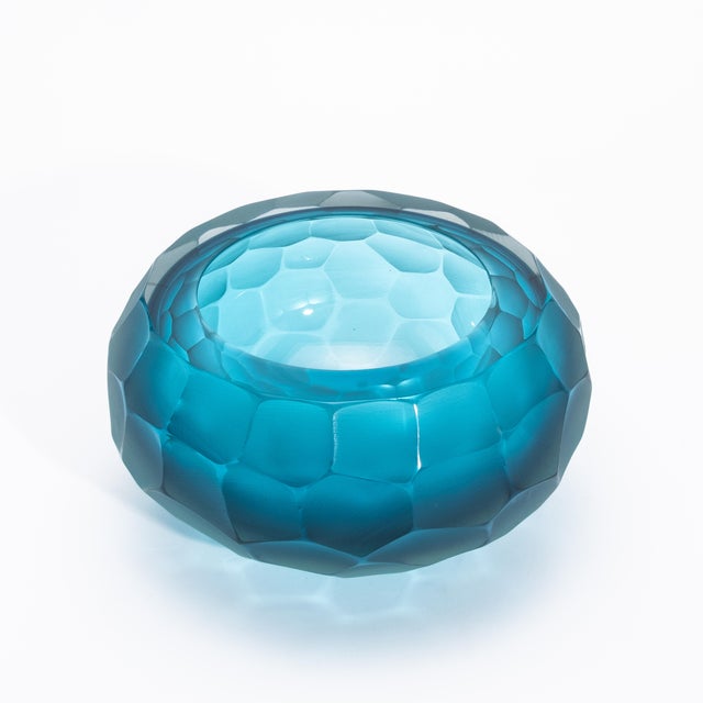 Modern Hand-Blown Modern Murano Bowl in Aquamarine Medium For Sale - Image 3 of 8