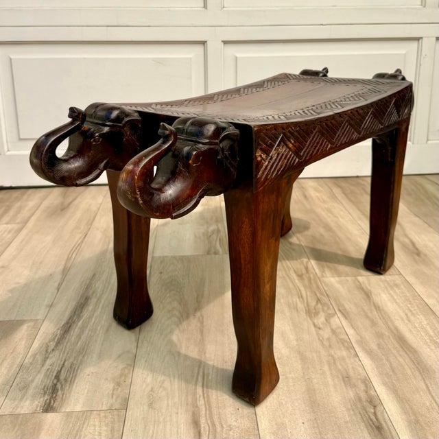 Brown Vintage Indian Hand-Carved Solid Wood Elephant Bench For Sale - Image 8 of 12