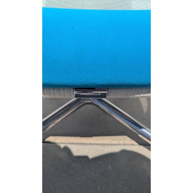 Metal 2 Steelcase Coalesse Sw_1 Lounge Chairs Featuring a Striking Bright Blue Upholstery and a Sleek Aluminum Swivel Base. For Sale - Image 7 of 9
