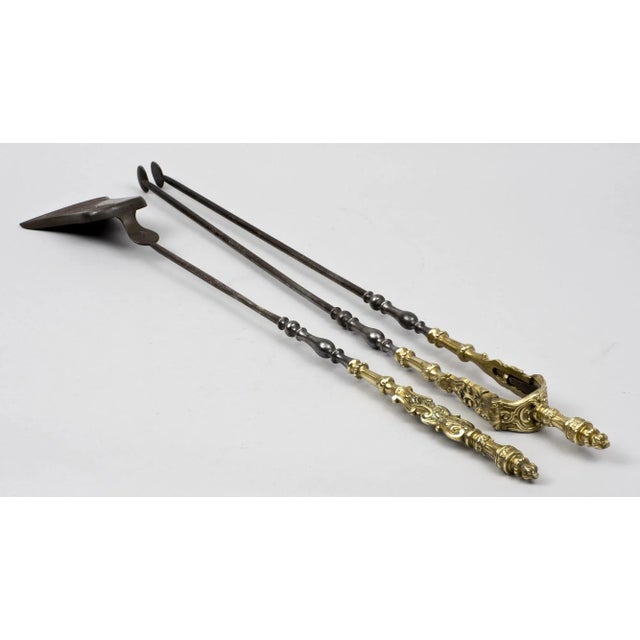 French Antique French Steel and Cast Brass Fire Tools, Circa 1850 For Sale - Image 3 of 4