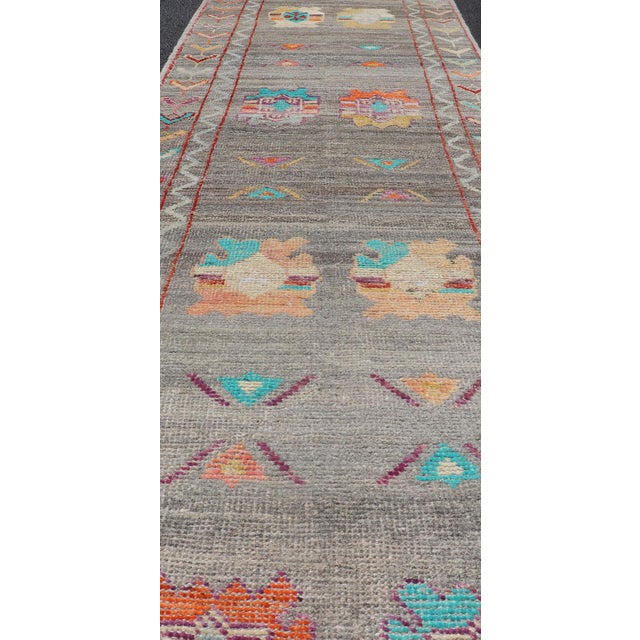 Modern Runner with Tribal Motifs in Warm Gray Background and Vivid Multi Colors. Colorful Runner, Tribal Runner Fine...