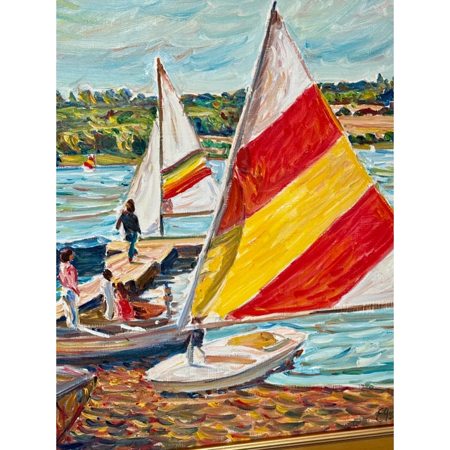 Late 20th Century Edmund Jordan Coastal September Afternoon, Lake Galena Sailboats Oil Painting in Gold Frame For Sale In Philadelphia - Image 6 of 6